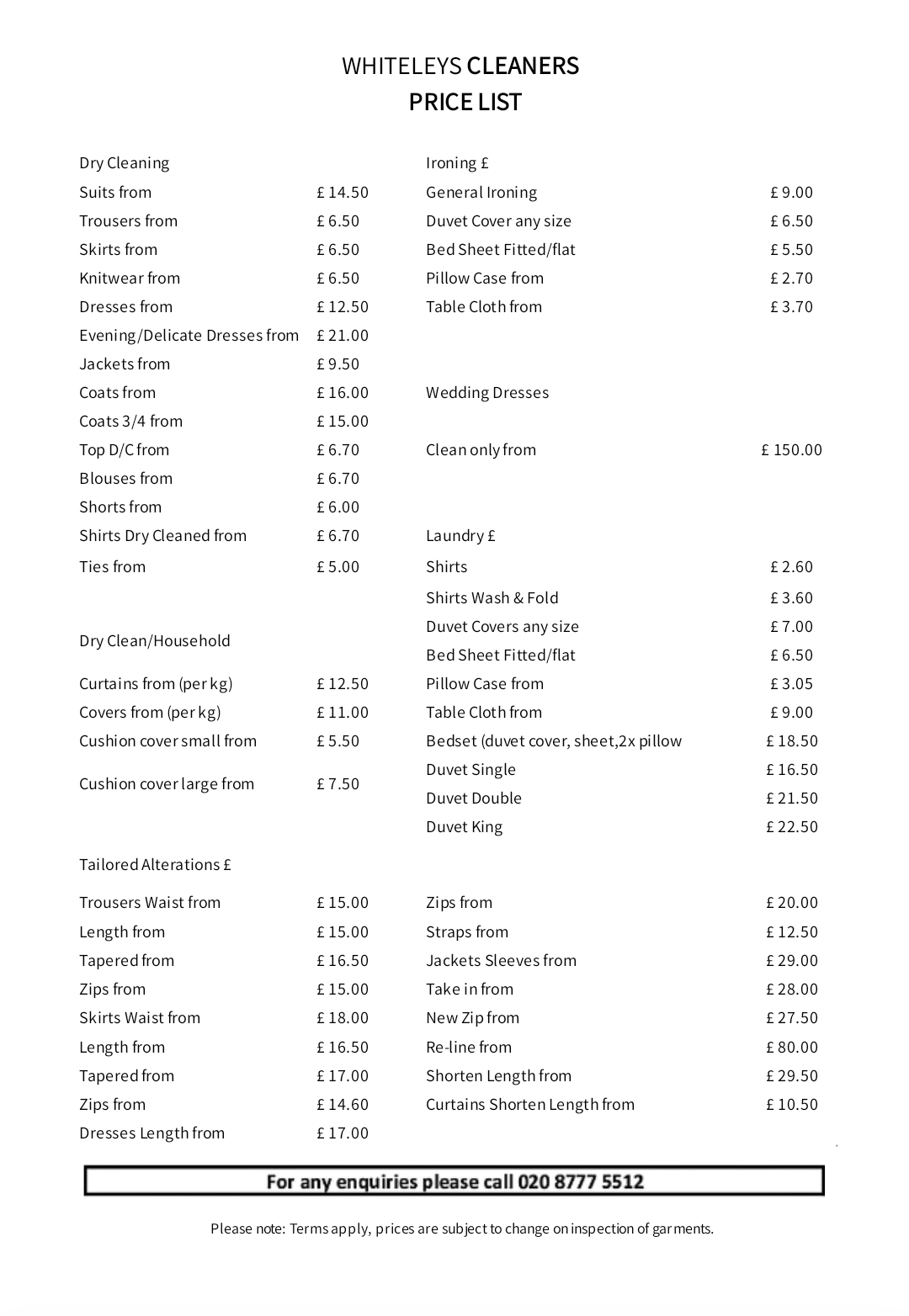 A framed price list for laundry, dry cleaning, and clothing alterations services, showing itemized costs for various garments and services, west wickham london